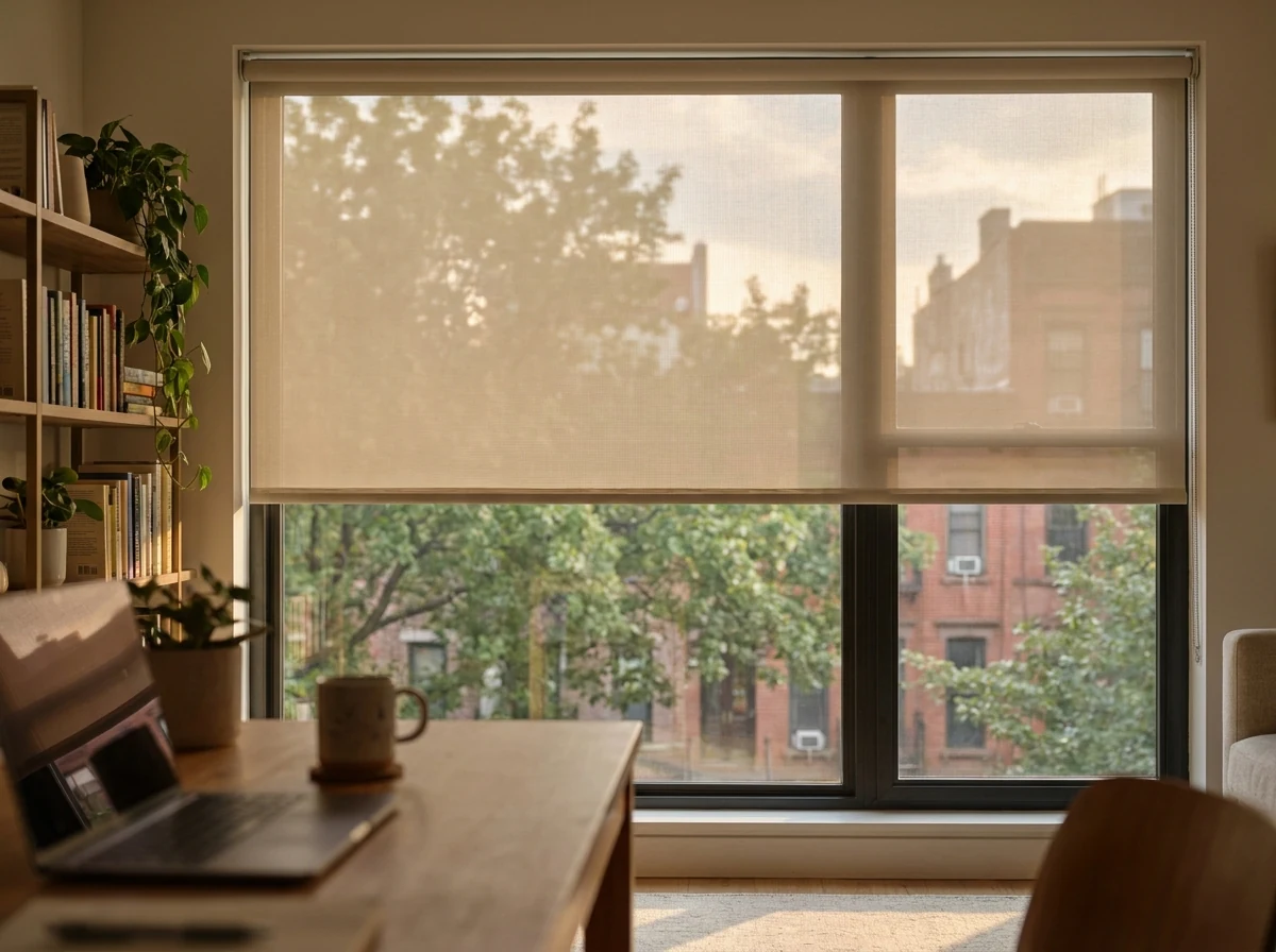 Sunscreen roller blind lowered over a home-office window in a Claremont apartment, trees visible through the fine mesh