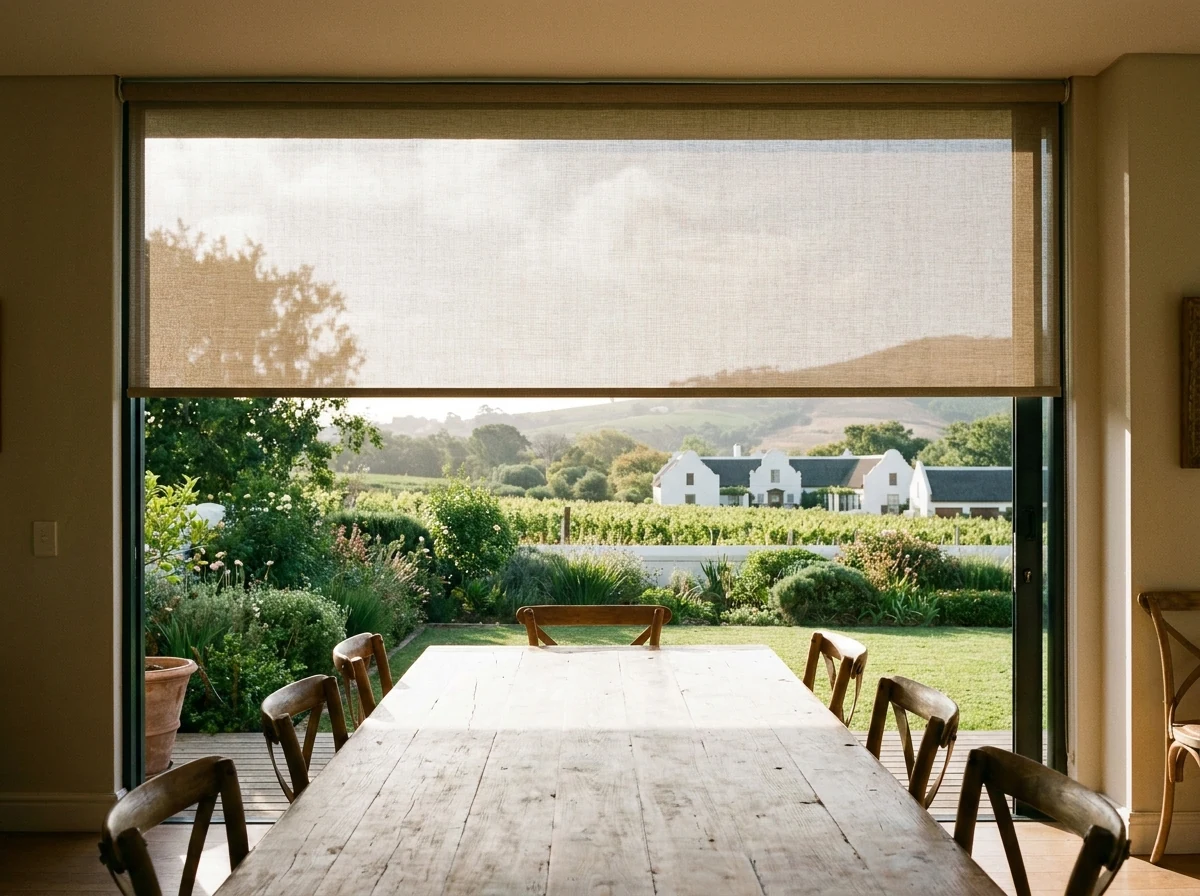 Sunscreen roller blind lowered over a dining-room window overlooking a vineyard-edge garden in Constantia