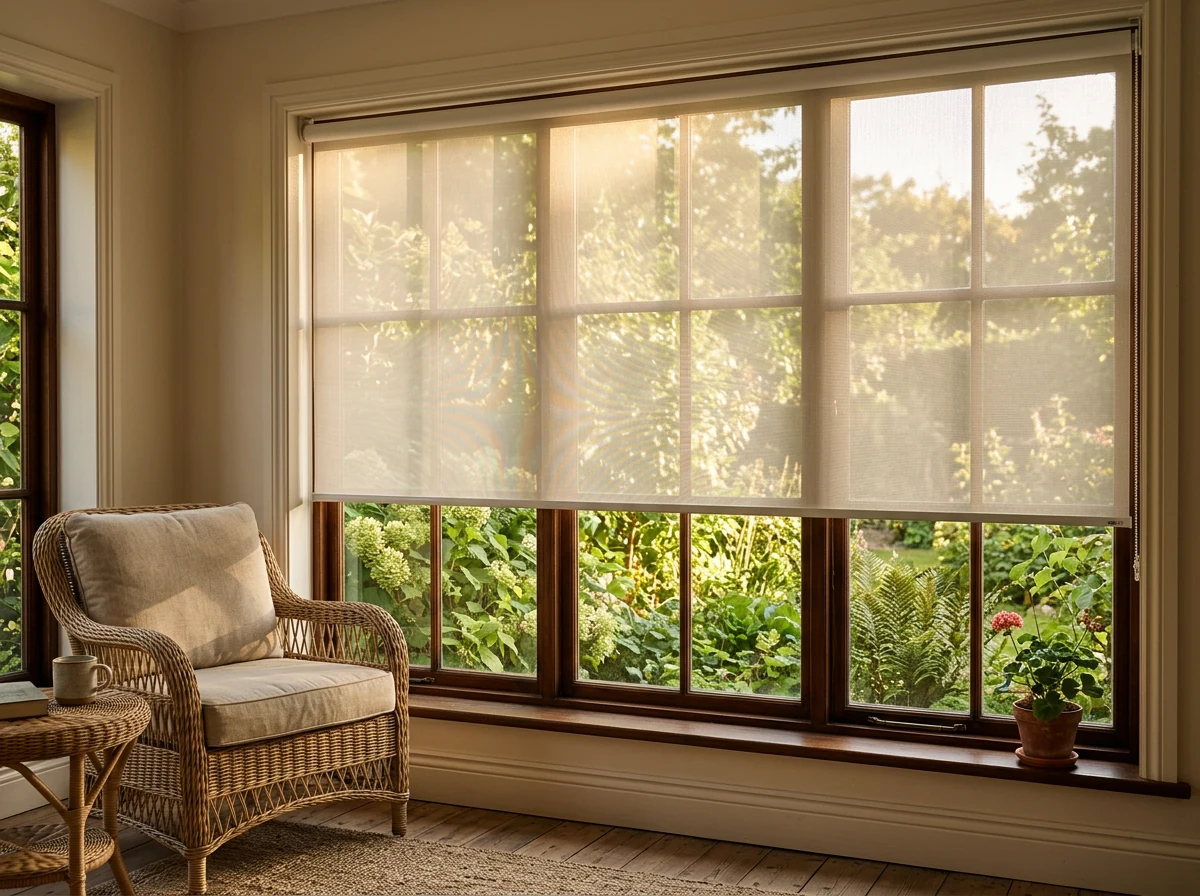 Sunscreen roller blind lowered over a Bishopscourt sunroom window, the fine mesh weave glowing with backlit garden greenery