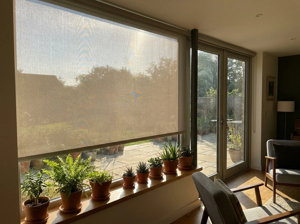 Sunscreen roller blind lowered over a Bishopscourt lounge window beside patio doors, mesh fabric taking the glare off the afternoon sun