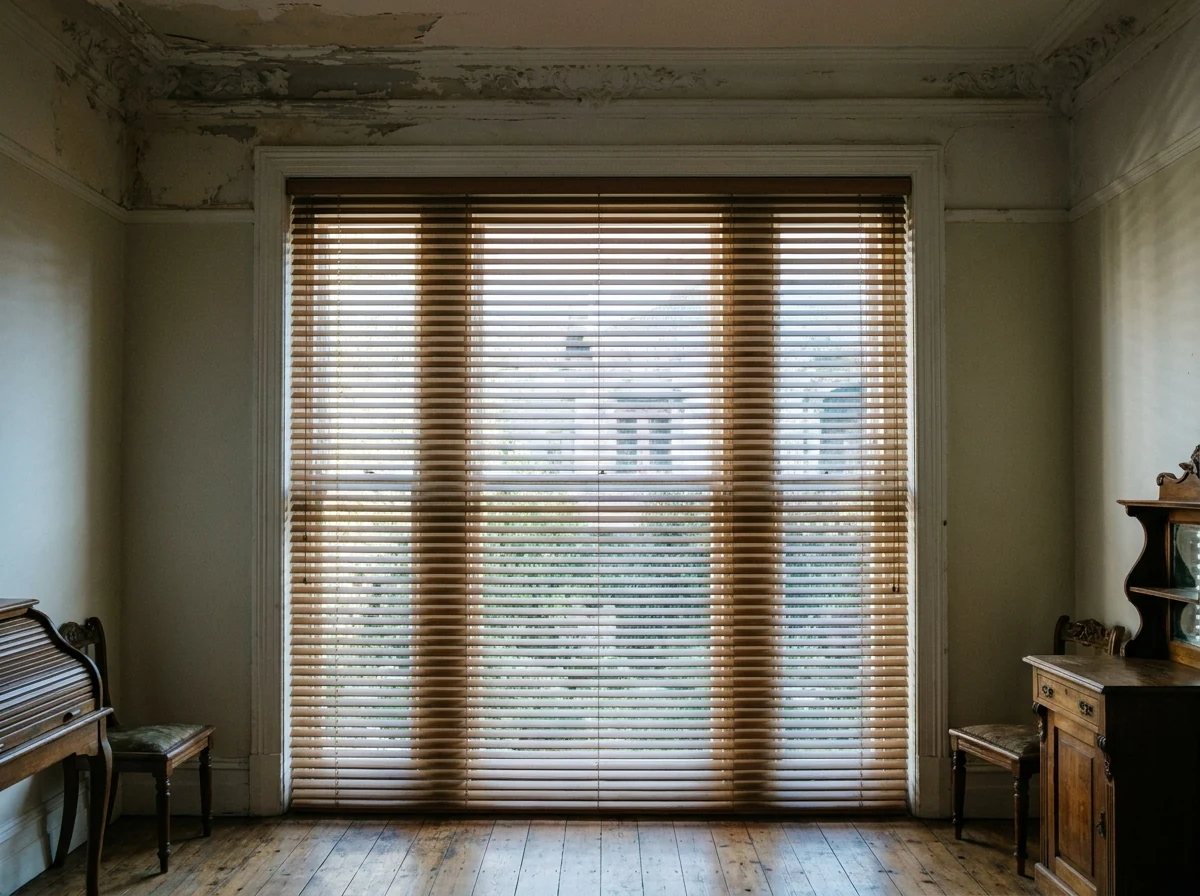 Honey-toned timber venetian slats tilted half-open over a Constantia study window looking onto a vineyard slope