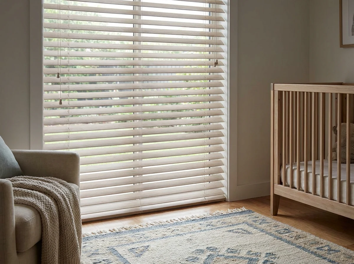 Timber venetian blind with wide slats fully lowered and tilted closed over a Victorian-era sash window in Rondebosch