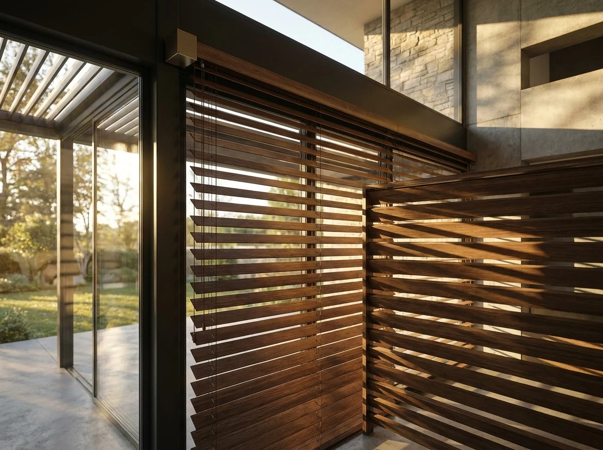 Pale driftwood-toned timber venetian slats tilted open over a bright Bishopscourt window in soft diffused daylight