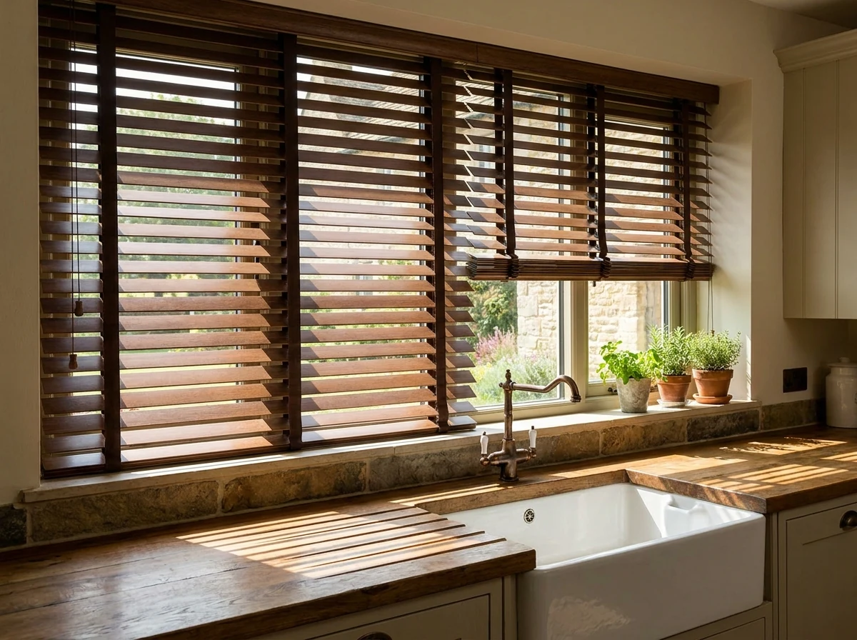 Timber venetian blind with wide slats tilted open over a kitchen window above a farmhouse sink