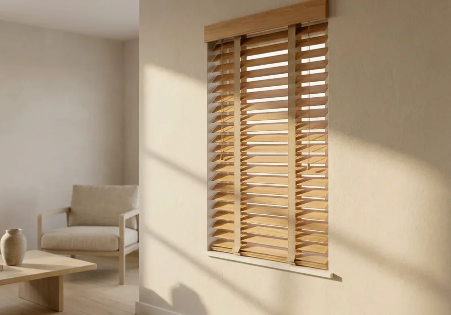 Timber venetian blind fully lowered with slats tilted open on a window in a light-filled Bishopscourt room