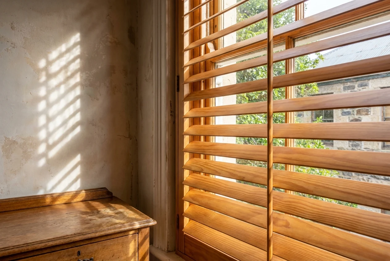 Close-up of a timber venetian blind with wide slats tilted part-open in a sunlit Rondebosch period-home bedroom, warm honey-toned wood grain